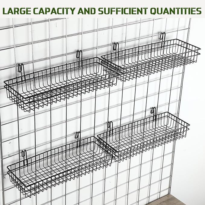 Blulu 4 Pcs 15.75 x 5.91 x 1.97 Inch Metal Grid Wall Baskets with Hooks Grid Wall Shelves Hanging Wire Basket Multi Function Storage Organizer for Kitchen Organizing Display (Black)