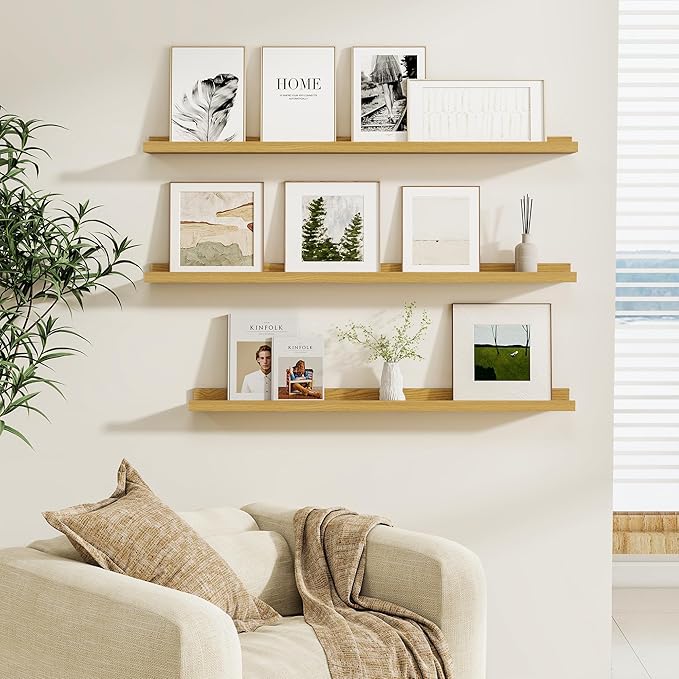 Fun Memories Picture Ledge Shelf, Floating Shelves Set of 4, 32 Inch Picture Shelves for Wall with Ledge, Large Nursery Book Shelf for Toys Storage, Living Room, Bedroom Decor Frames, Oak