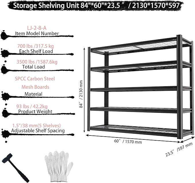 Standing Shelf Units Heavy Duty Storage Rack Industrial Wire Mesh Shelving Double Layer Support Floor Mount 5-Tier Black Steel for Garage Warehouse 3500LBS 84" H x 60" W x 23.5" D