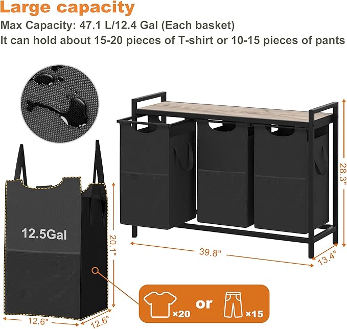 Heybly Laundry Hampers, 3 × 12.5 Gal Laundry Basket with Large Desktop Sorter for Laundry Room organization, Bathroom and Dorm Laundry Bags on Storage Shelf Greige HLH003SG
