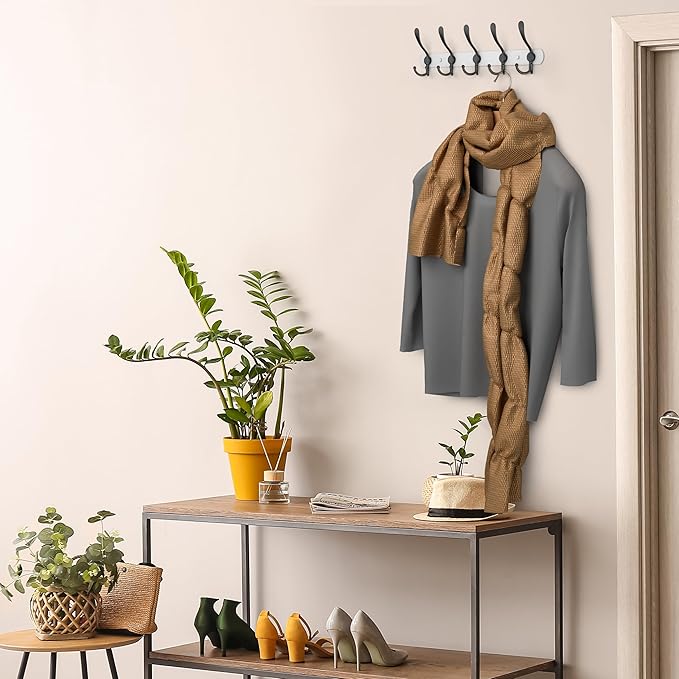 Coat Rack Wall Mount with 5 Tri Hooks, Stainless Steel 16 Inch – White & Black Matte Finish, Heavy Duty Wall Mounted Hook Rack for Coats, Hats, Towels, Scarves, Robes, Bags, Entryway & Bathroom