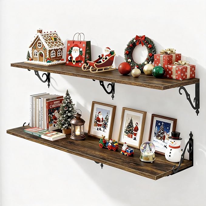 Fun Memories Large Floating Shelves for Wall 48 Inches Long, 12 Inch Deep Shelves with Metal Bracket, 48 Inch Floating Shelves Wall-Mounted, Wide Display & Storage Bookshelves, Rustic Brown, Set of 2
