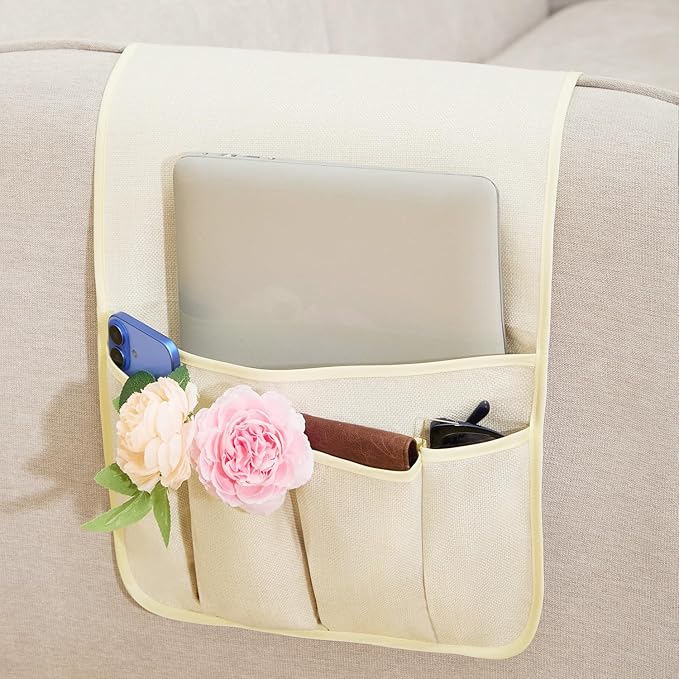 FLYILY Sofa Armrest Organizer Non-Slip Arm Chair Hanging Caddy Remote Control Holder for Magazine,Tablet, Phone, Books, Glasses(Beige,13in)