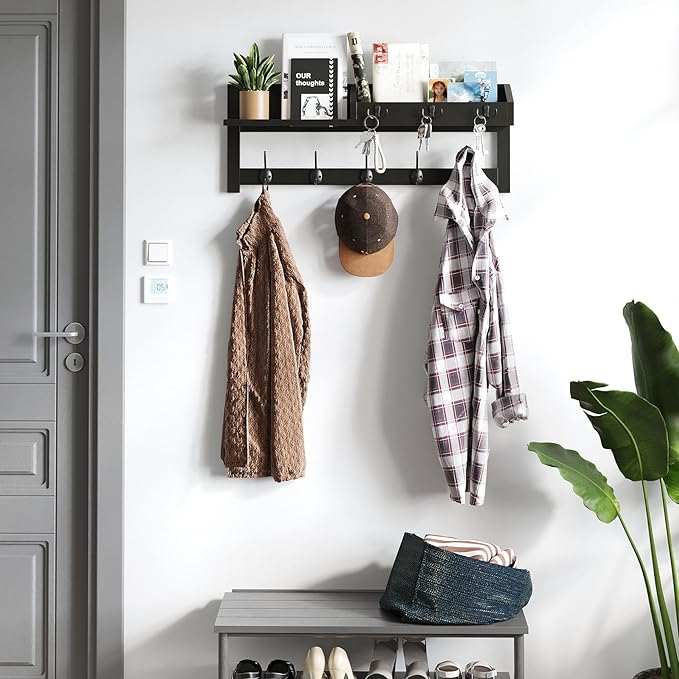 AMBIRD Wall Hooks with Shelf - 26.57" Entryway Wall Hanging Shelf Wood Coat Hooks and Key Holder (Black)