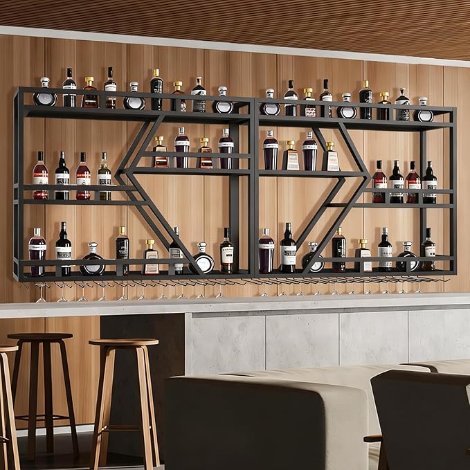 78.7in Metal Wine Rack Wall Mounted, Modern Wine Storage Rack Wall Mounted with Wine Glass Holder, Liquor Shelf, Bar Shelves for Liquor Bottles (3TIERS Black, 78.7 * 7.87 * 33.85INCH)