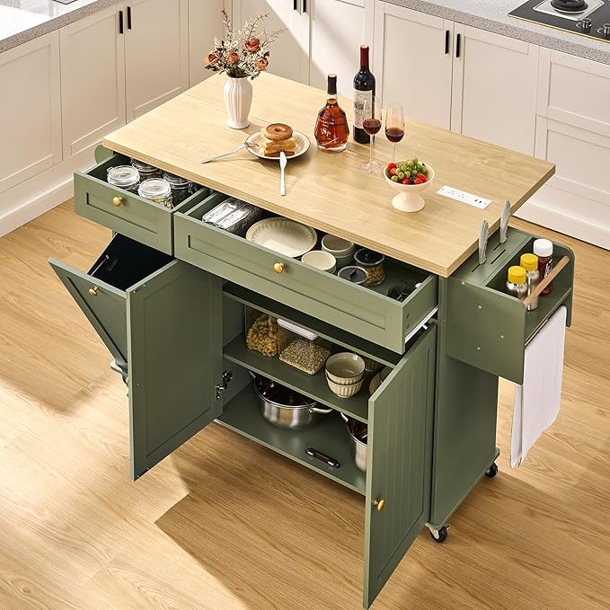 60.2" Kitchen Islands with Storage, Kitchen Island Cart with Trash Can Storage Cabinet, Rolling Kitchen Island Table with Drop Leaf & Power Outlet & Spice Rack & Towel Rack & Knife Holder, Green