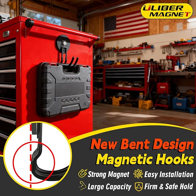 ULIBERMAGNET New Upgraded Extra Large Magnetic Hooks,2 Pack Heavy Duty Ultimate Magnetic Hooks for Metal Cabinet,Pegboard,Garage Shelve,Tool Shed,RV,Shipping Containers (Black/3.46inch)