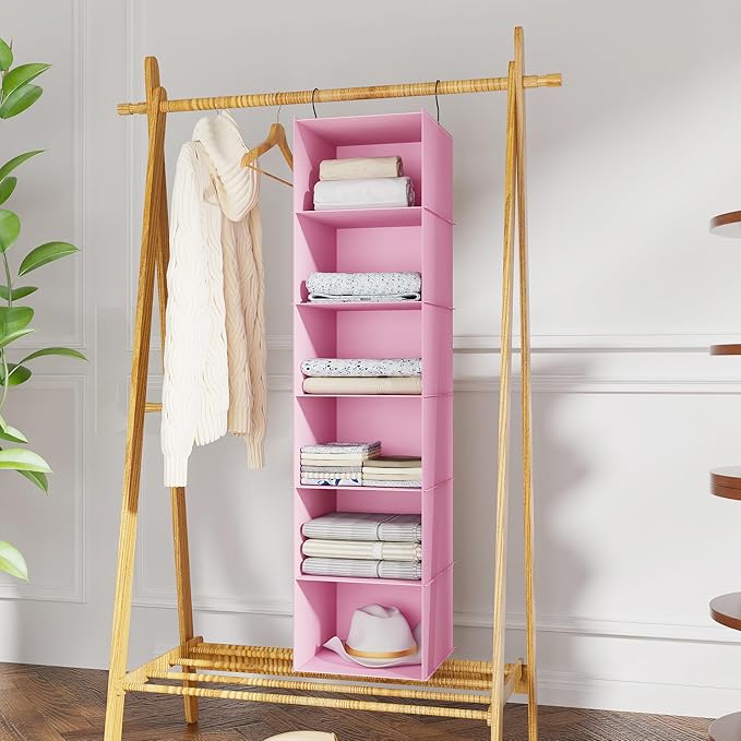 Hanging Closet Organizer, Easy Mount Foldable 6-Shelf Hanging Closet Wardrobe Storage Shelves, Clothes Handbag Shoes Accessories Storage, Washable Oxford Cloth Fabric, Pink