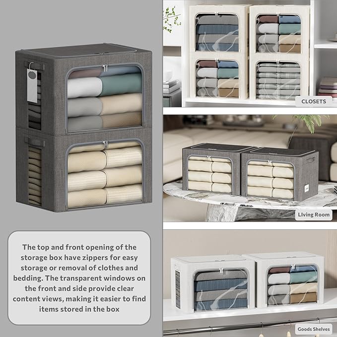 4 Pack Clothes Storage Bins with Metal Frame - 36L Stackable Storage Box with Lid，Foldable Storage Container Organizer for Clothes，Linen Fabric Storage Box with Clear Window＆Zippers＆Handles