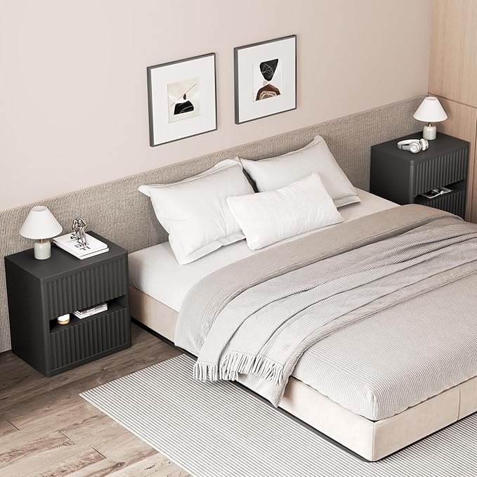 Dripex Fluted Nightstand with 2 Drawers, Large Wide Wood Night Stand Bedside Tables for Bedroom, Mid-Century Modern Storage Bed Side Table, End Tables for Living Room Sofa Couch, Black, Set of 1