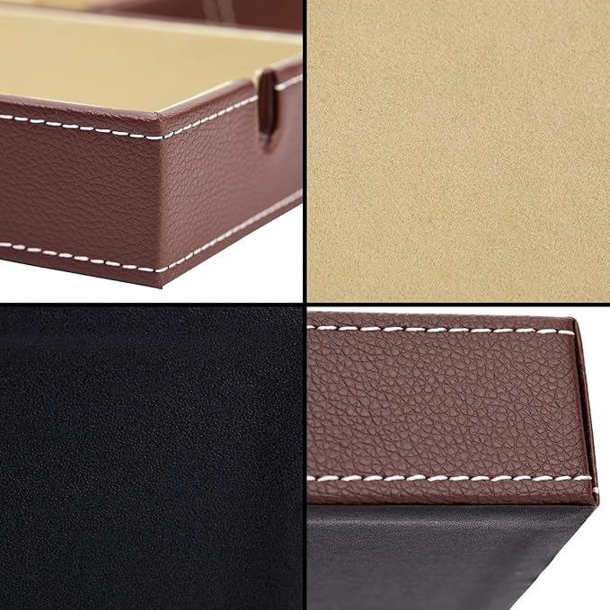 Juvale Rectangular Catchall Tray - 6-Compartment Nightstand Organizer - Polished Key Bowl - Portable Drawer Organizer - Brown Faux Leather