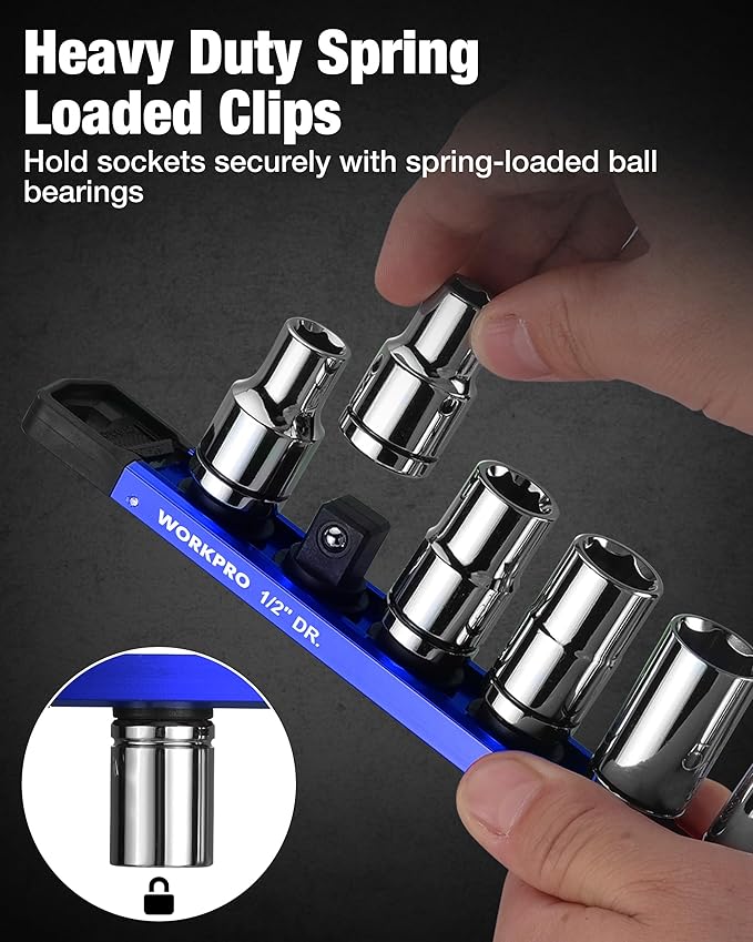 WORKPRO Magnetic Socket Organizer, 1/2" Drive Aluminum Alloy Socket Holder, Heavy Duty Socket Rail with 10 PC Removable Socket Clips, Socket Organizer Tray for Tool Box Drawer (Sockets Not Included)