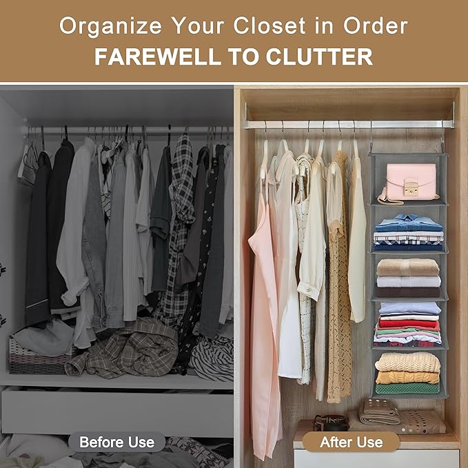 Libeder 5-Shelf Hanging Organizer with Drawers, Closet Hanging Organizers and Storage Shelves with 6 Side Pockets,Collapsible Closet Hanging Shelves for Clothes, Underwear, Nursery, Closet, RV(Grey)