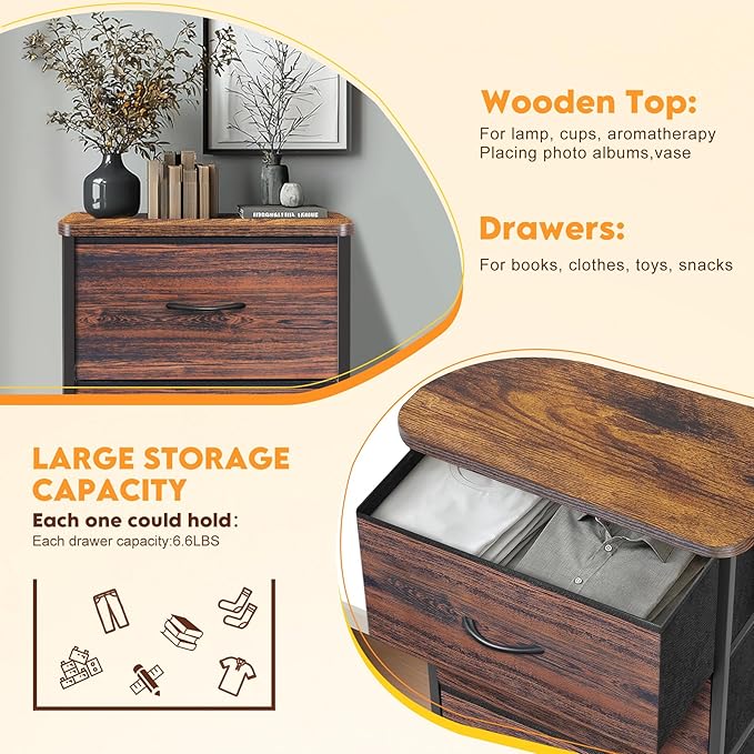 Curved Profile Dresser for Bedroom，4 Fabric Drawer Dresser with Waterproof Wood Top Chest of Drawers for Hallway, Living Room, Kid Room (Rustic Brown)