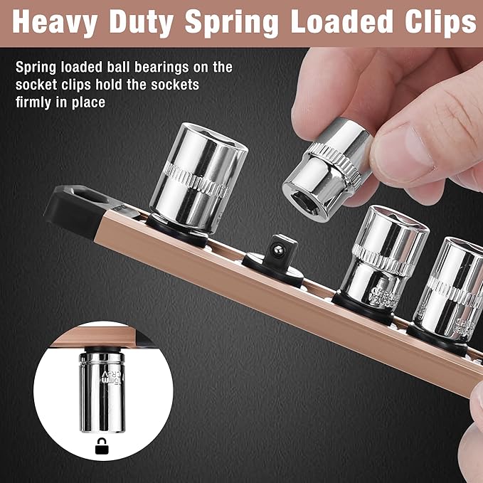 WORKPRO Magnetic Socket Organizer, 1/4-Inch Drive Aluminum Alloy Socket Rail, Heavy Duty Socket Holder, Socket Rack Kit 1/4-Inch x 12 Clips Champagne (Socket not Included)