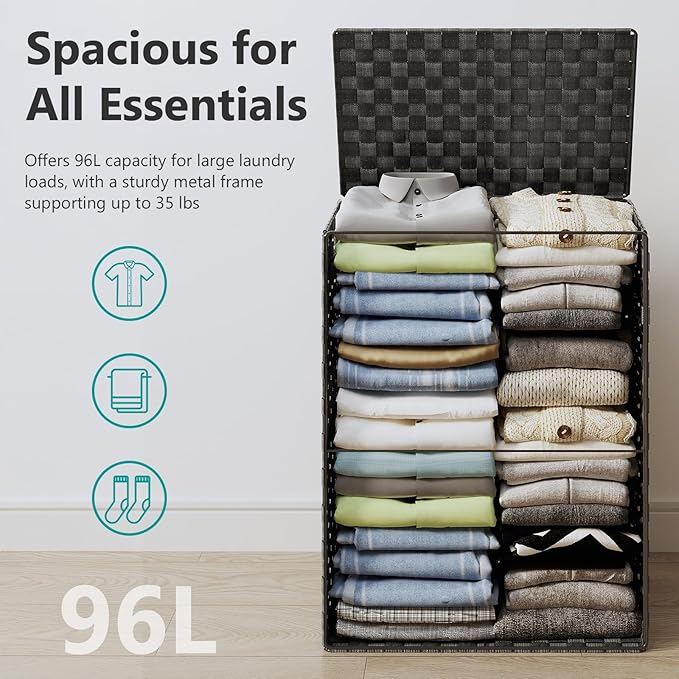 Foldable Laundry Hamper Basket with Lid by Fiona's magic, Handwoven 96L Large Clothes Hamper with Removable Liner Bags, Collapsible Tall Hamper for Bedroom, Bathroom and Dorm Organizer, Black