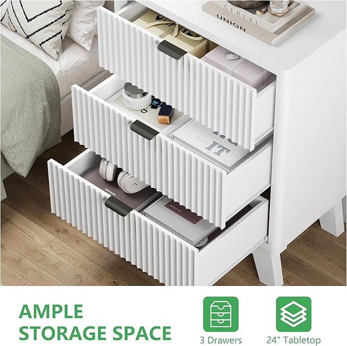 Fluted Nightstand with 3 Storage Drawers, 24" Wide Wood Bedside Table with Mental Handle, Mid Century Modern Wooden Side Table Night Stand, Curved End Table for Bedroom, Living Room, White