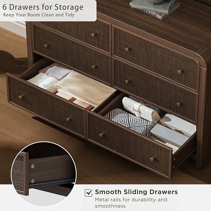Oak&Sparrow 6 Drawer Dresser for Bedroom, 49'' Rattan Dresser with Ample Storage, Boho Chest of Drawers, Thickened Curved Profile Design, Dark Walnut Dressers for Bedroom, Living Room