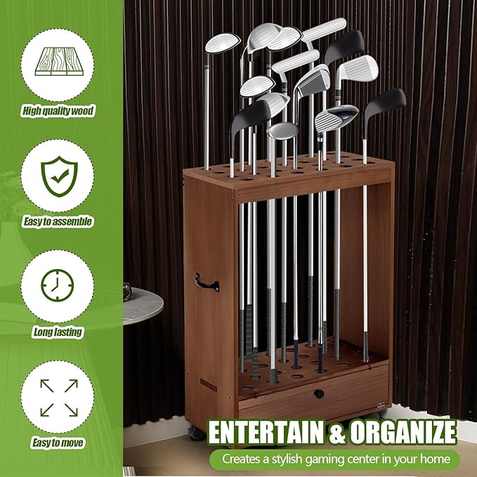 27 Hole Golf Club Stand Holder Wooden Golf Club Organizer Putter Display Rack with Storage Drawer and Wheel for Indoor Home Office Simulator Garage