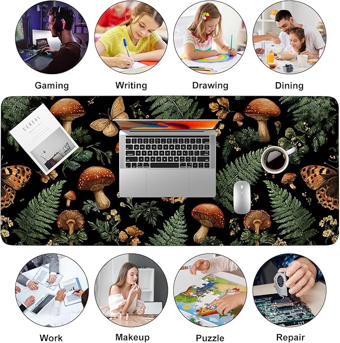 Vintage Butterfly Mushroom Mouse Pad – Large Extended Desk Mat 35.43 x 15.75 in – Dark Forest Aesthetic with Ferns & Fungi, Waterproof Surface, Non-Slip Rubber Base, Keyboard & Mouse Pad