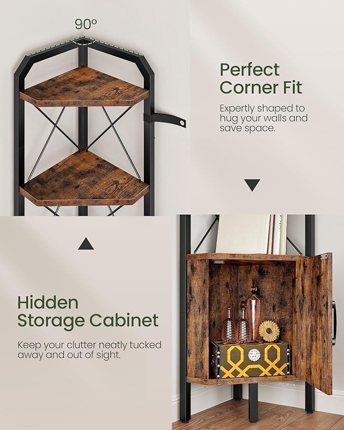 62.2" Corner Shelf with Cabinet, 4-Tier Tall Corner Bookshelf with X-Shaped and Diamond Design, for Living Room, Bedroom, Bathroom Storage, Rustic Brown and Black