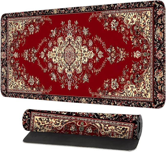 Red Vintage Persian Rug Mouse Pad – Large Extended Desk Mat 31.5 x 11.8 in– Oriental Carpet Design, Non-Slip Rubber Base, Waterproof Surface, Keyboard & Mouse Pad for Office, Gaming, Home