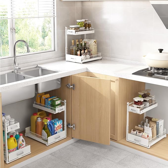 Under Sink Organizer,2 Tier Slide Out Kitchen Cabinet Organizers with Pulley,Under Bathroom Sink Pull Out Organizer with Multiple Height Adjustments for Kitchen and Bathroom Cabinets (White)