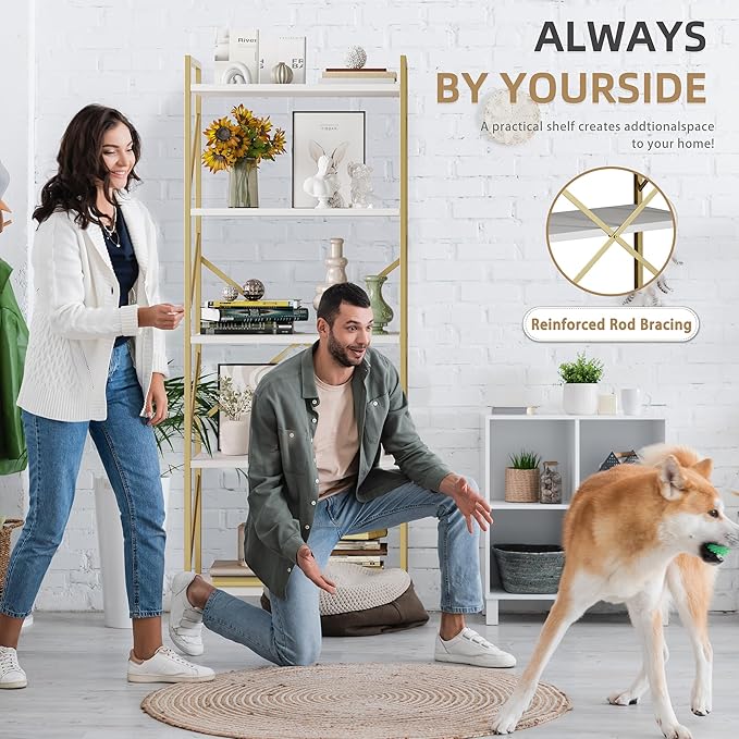 Vongrasig 5 Tier Bookshelf, Modern Tall Bookcase, Industrial Book Shelves Display Standing Shelf, Free Standing Storage Organizer for Bedroom, Living Room, White+Gold
