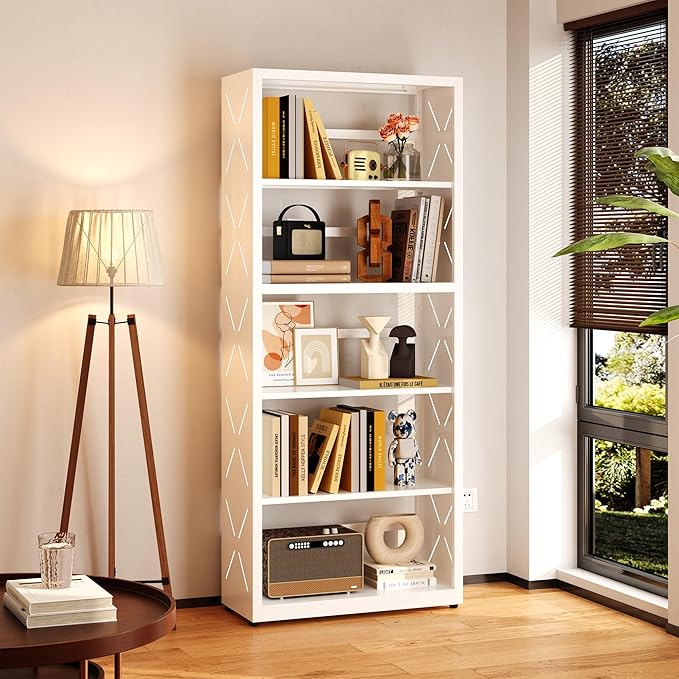 Industrial Bookshelf,5 Tier Bookcase,55" White Metal Tall Bookshelf with Adjustable Feet and Adjustable Shelves,Home Office Bookcase Shelf Storage Organizer for Living Room、Kitchen