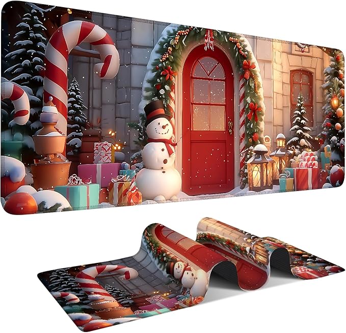 Christmas Scene Gaming Mouse Pad 31.5"x11.8"Desk Mat Anti-Slip Rubber Base & Durable Stitched Edges for Gamers Smooth Mouse Writing Surface for Desk Office/Home