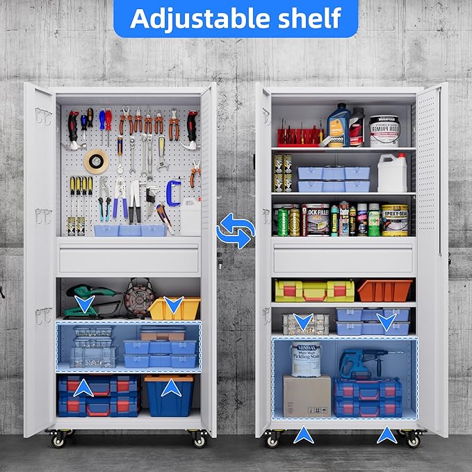 SUXXAN 71" Metal Garage Storage Cabinet with 16 Hooks and Pegboards,1 Drawer Inside Rolling Tool Storage Cabinet with Adjustable Shelves,3 Metal Hanging Rod for Garage,Warehouse(White)