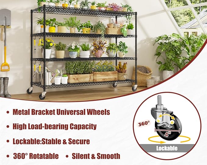 PrimeZone 60" W x 24" D x 76" H Heavy Duty Wire Storage Shelves with Wheels, 4 Tier Adjustable NSF Certified Garage Shelving Unit, Rolling Metal Organizer Shelf Utility Rack for Warehouse, Pantry