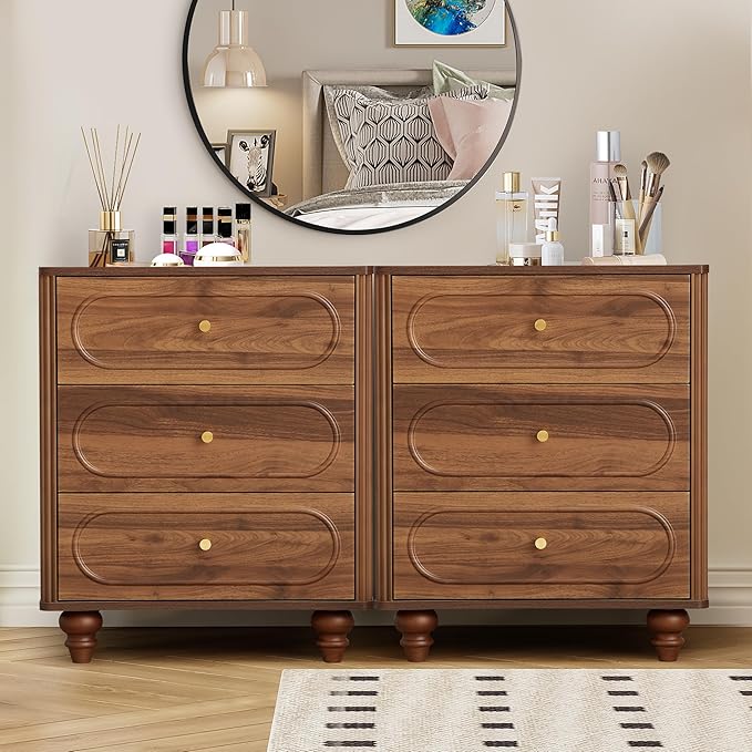 3 Drawer Fluted Dresser for Bedroom Set of 2, Mid Century Modern Chest of Drawers, Wood Storage Small Dresser Organizer for Bedroom Living Room Hallway Closet, Walnut