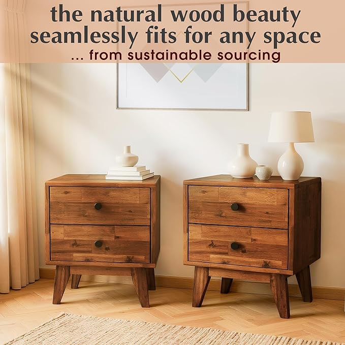 Acacia Silvia Nightstand with 2 Drawers, Solid Wood Bedside Table, Table with Storage Drawers for Bedroom, Bedside End Table with Drawer and Storage Space, Walnut