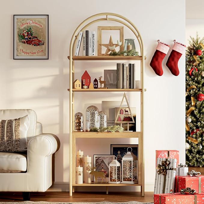 BREEZEHEAT 4-Tier Arched Bookshelf, 72" Tall Bookcase with Storage Shelves, Floor Standing Open Display Storage Shelf with Metal Frame, Large Organizer for Living Room, Home Office, Bedroom, Natural