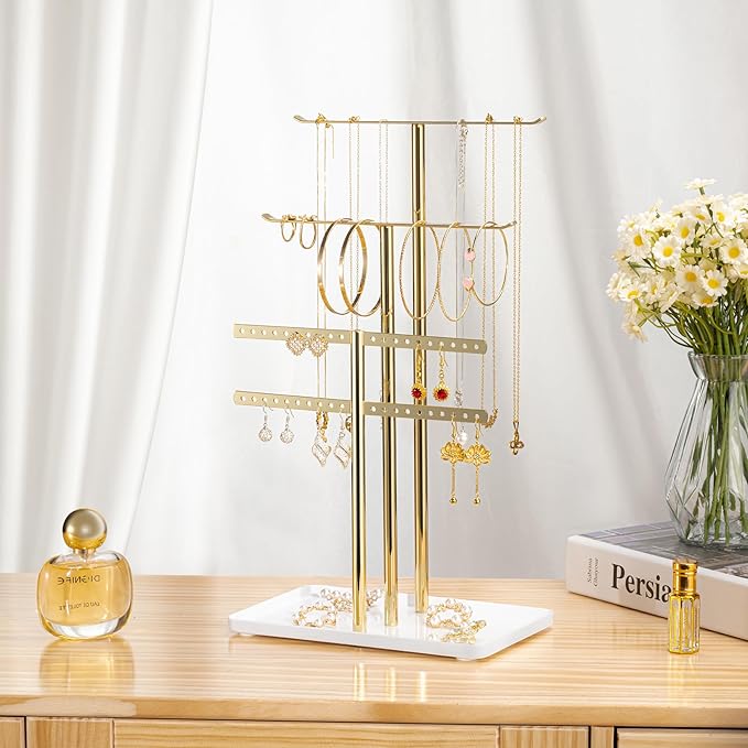 pickpiff Jewelry Stand Organizer Necklace Holder- 14.5" Sturdy Earring and Bracelet Display Hanger, Mirrored Gold, Aesthetic Room Decor