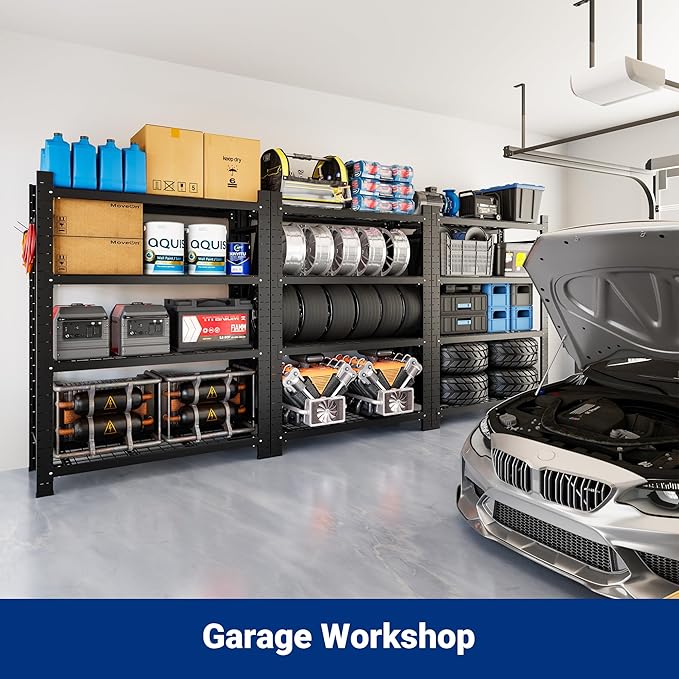FLEXIMOUNTS Garage Shelving Heavy Duty, 49.6" W 4-Tier 10000LBS Industrial Shelving Unit with 4 Hooks, Adjustable Storage Shelves for Garage, Basement, Warehouse, 71" H x 49.6" W x 23.6" D