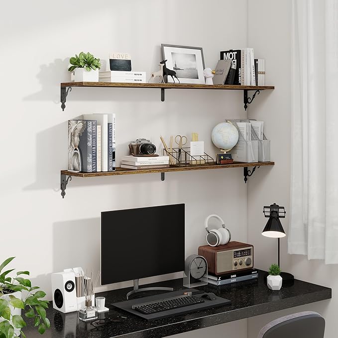 Fun Memories Large Floating Shelves for Wall 48 Inches Long, 8 Inch Deep Shelves with Metal Bracket, 48 Inch Floating Shelves Wall-Mounted, Wide Display & Storage Bookshelves, Rustic Brown, Set of 2
