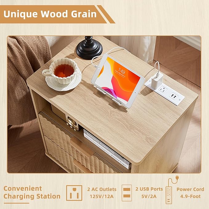 LEYAOYAO Fluted Nightstand with Charging Station, 23" Modern Night Stand with Woodgrain Top, 2 Drawers End Table w/Storage, Bedside Tables for Bedroom, Living Room, Curved Profile Design,Wood