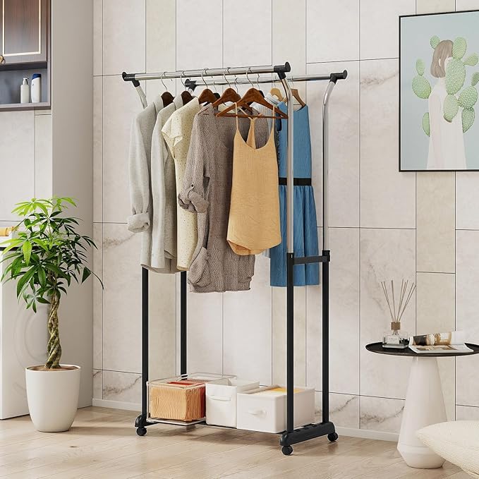 COSTWAY Double Rod Clothing Rack, Rolling Garment Rack with Shelf, Wheels, Adjustable Height Heavy Duty Metal Clothes Racks for Hanging Clothes for Dressing Room, Laundry, Living Room