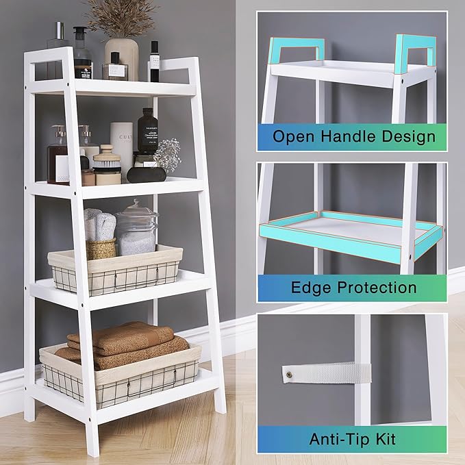 SMIBUY Bamboo Ladder Bookcase, Bathroom Storage Rack Organizer, 4 Tier and 5 Tier Freestanding Plant Display Stand Space Saver Shelves for Bedroom, Kitchen, Balcony (White, 4 Tiers (39" H))