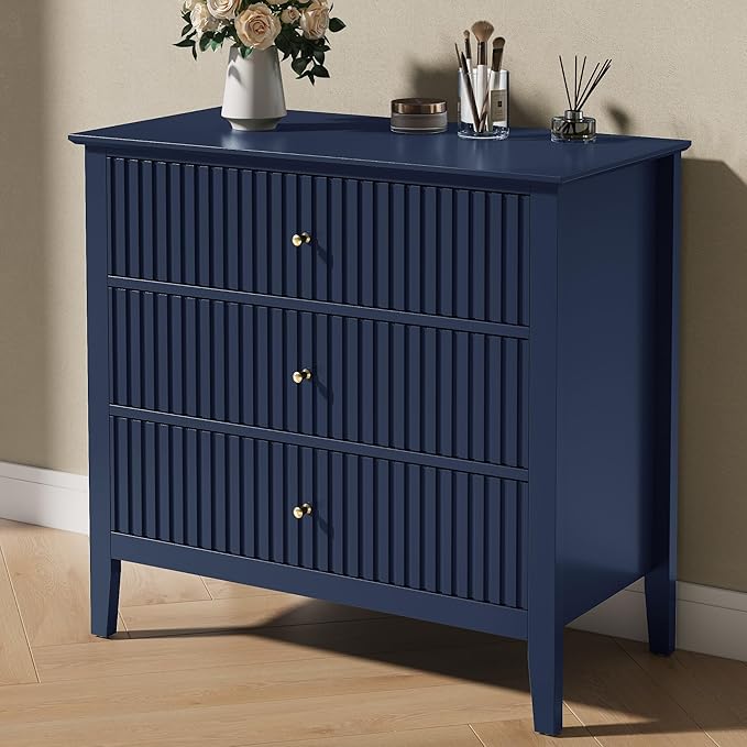 RoyalCraft 32" Large Nightstand Set of 2, Fluted Painted Wood Dresser with 3 Spacious Drawers, Blue Modern Bedside Table for Bedroom