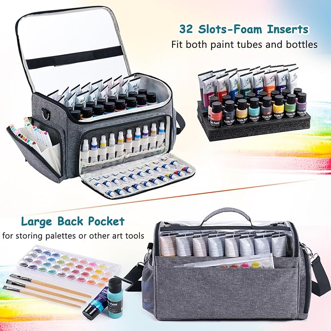 SFYBYHEART Acrylic Paint Organizer Bag with Washable Roll-Up Brush Holder, Large Art Supply Case, Craft Organizer with Foam Inserts for Apple Barrel, Shuttle Art, Caliart Art Supplies Storage Bag
