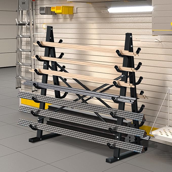 7-Tier Horizontal Storage Rack, Heavy-Duty Freestanding Steel Horizontal Bar Storage Cantilever Rack, Standing Lumber Horizontal Storage Rack, Metal Arms Pallet Racking Up to 5000 Lbs