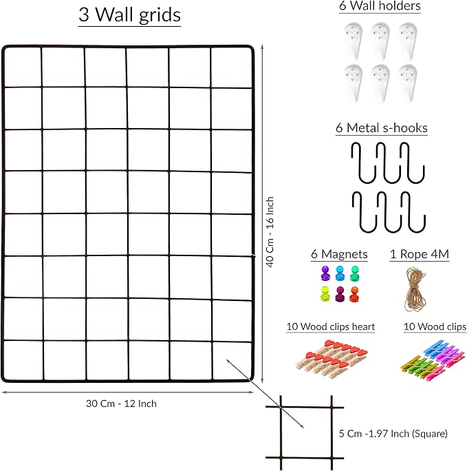 ODOXIA 3-Pack Wire Wall Grid Panel | Photo Grid Wall Decor | Metal Board for Hanging Pictures | Black Wire Organizer for Home, Office & Kitchen | Panel for Display & Storage