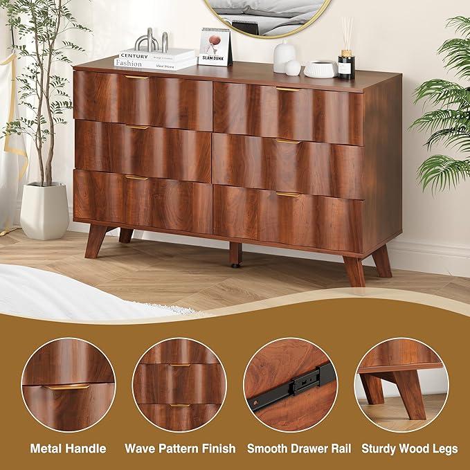 6 Drawer Dresser, Modern Fluted Storage Dresser with Deep Drawers and Metal Handles, Wood Chest of Drawers Storage Organizer for Bedroom, Living Room, Hallway (Walnut)