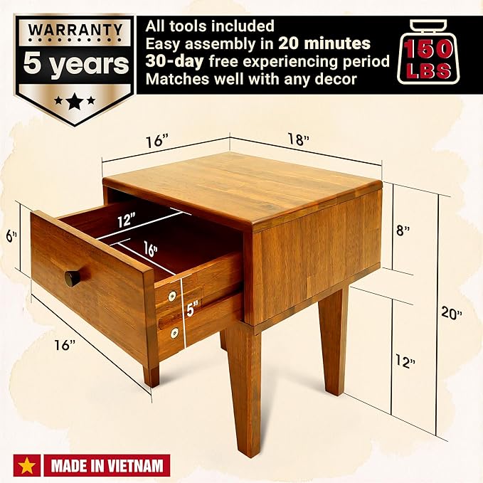 Acacia Sofia Nightstand with Drawer, Bedside Table, Solid Wood Bedside End Table with Drawer and Storage Space for Bedroom, Caramel