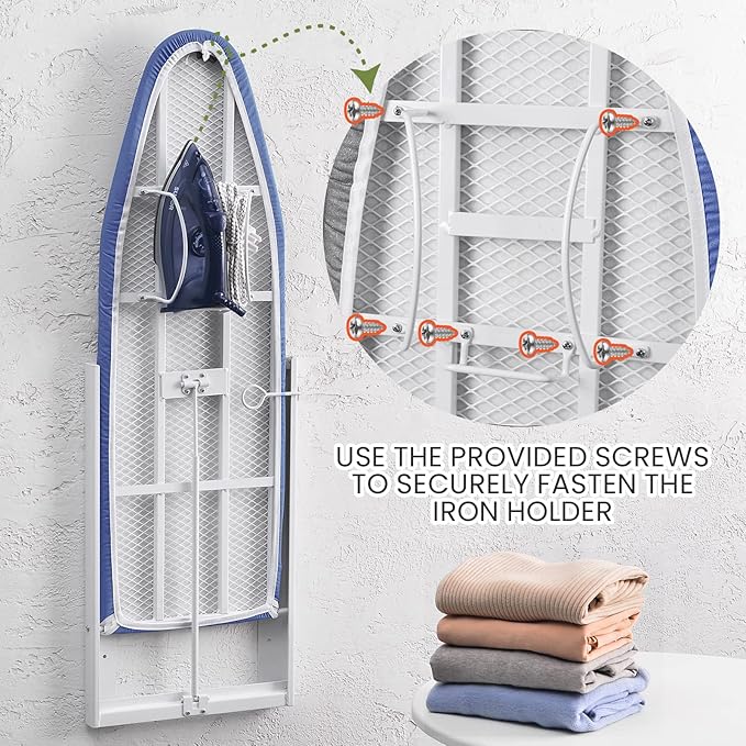 Xabitat Wall Mounted Ironing Board with Iron Holder, 36.2" X 12.2" Compact Mount Fold Down Iron Board for Small Spaces, Space Saving with Cotton Fabric Cover, White and Blue
