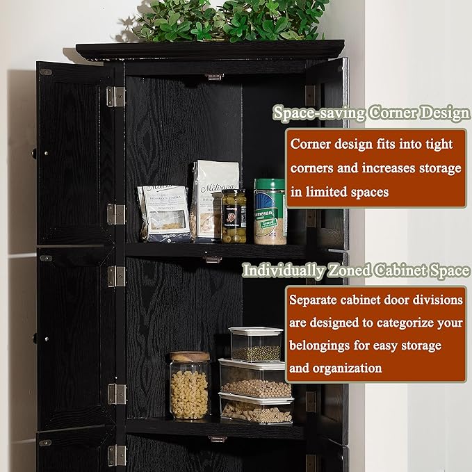 72" H Farmhouse Corner Storage Cabinet with 8 Doors & 4 Shelves, 4 Tier Kitchen Corner Pantry Cabinet Wooden Organizer Case Bookshelf, Home Space Saver Cabinet for Kitchen,Living Room(Black)