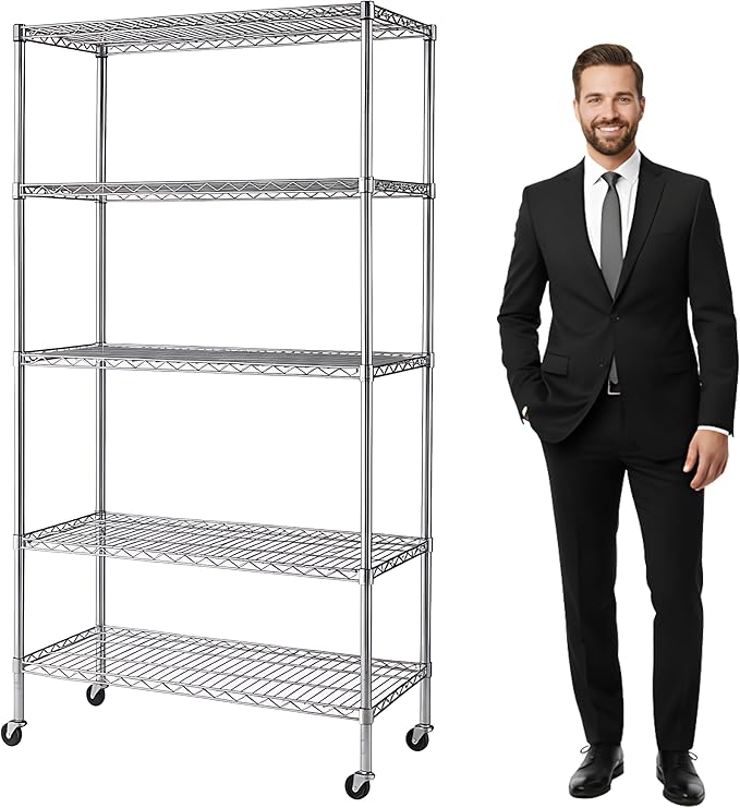 5-Tier NSF-Certified Steel Storage Shelves Rack - Garage Shelving Heavy Duty Metal Shelves for Storage - Adjustable Wire Shelving Unit w/ Wheels Shelf Commercial Shelving for Garage, Kitchen & Office